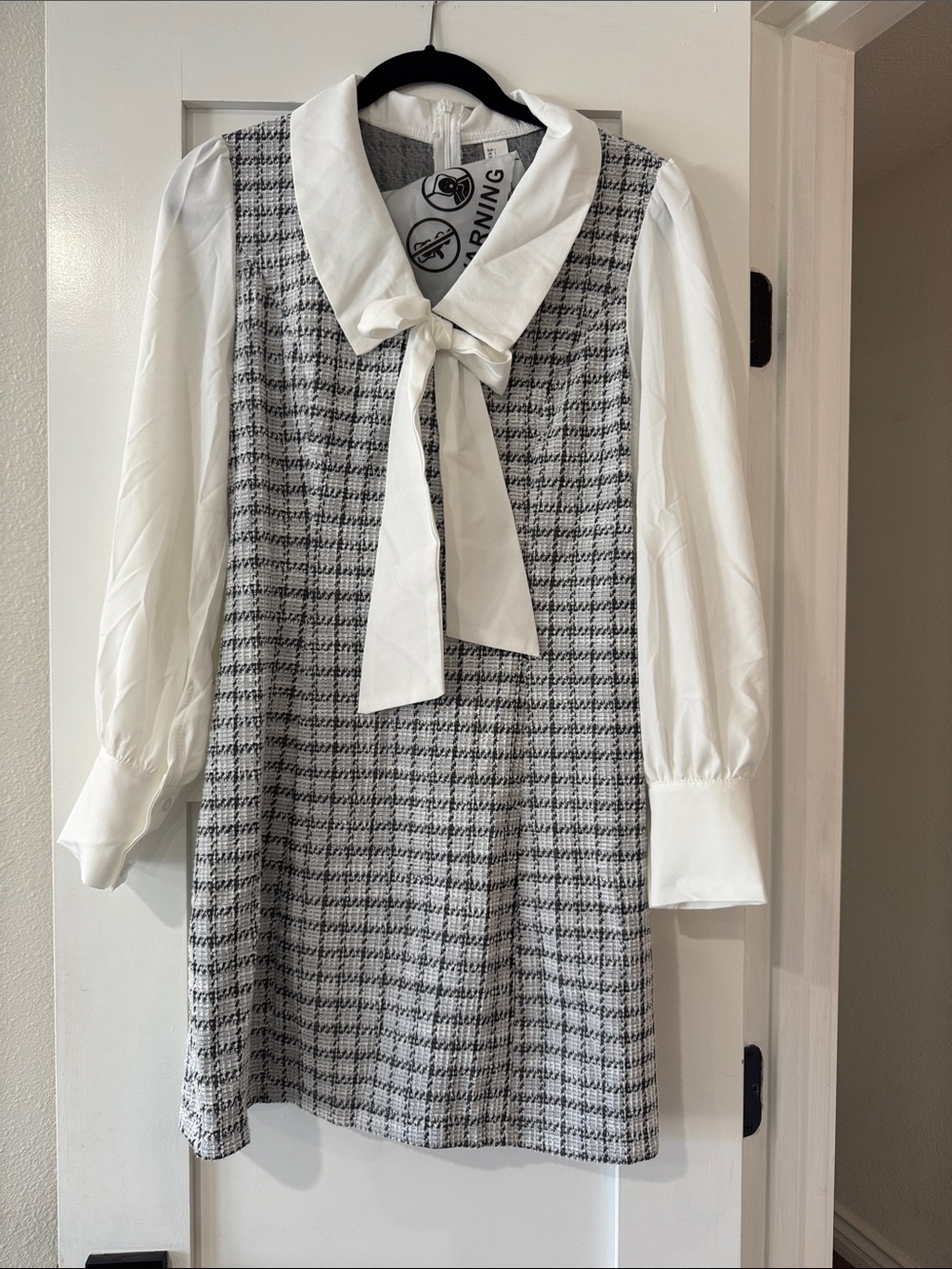 White & Black Houndstooth Tie-Neck Dress